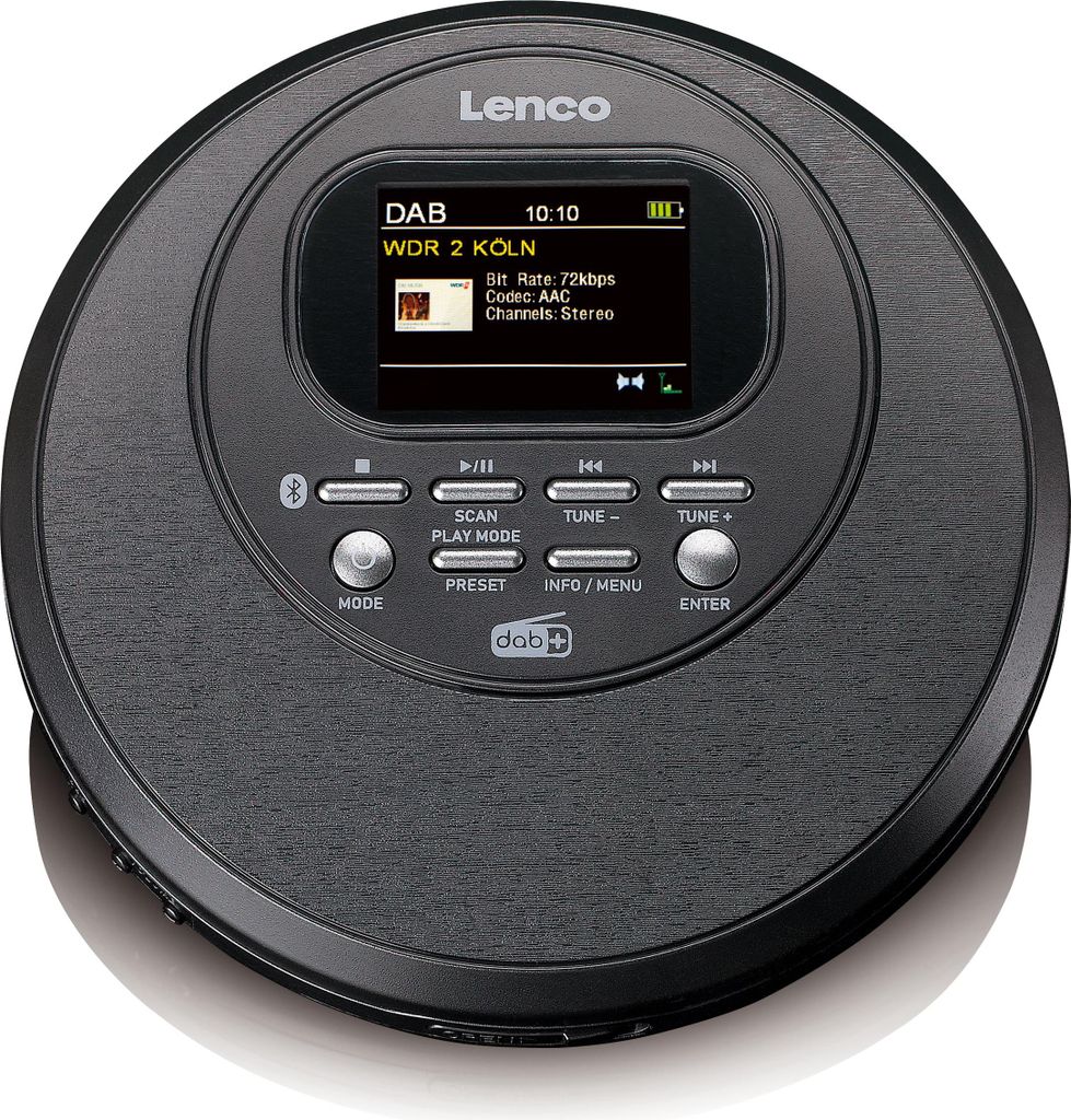 A black Lenco CD player with a screen displaying radio information.