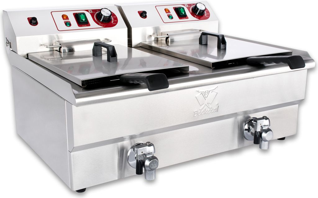 A professional studio shot of a double-compartment deep fryer.