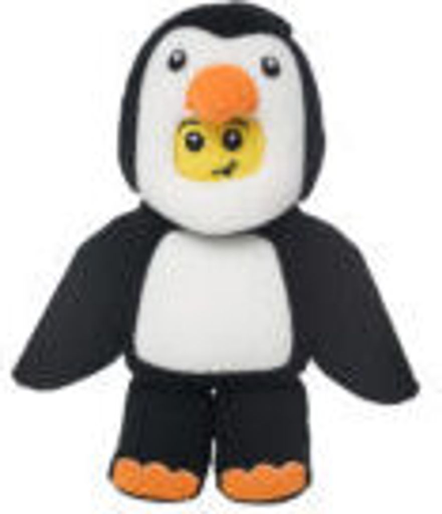 A plush toy penguin with a LEGO character face.