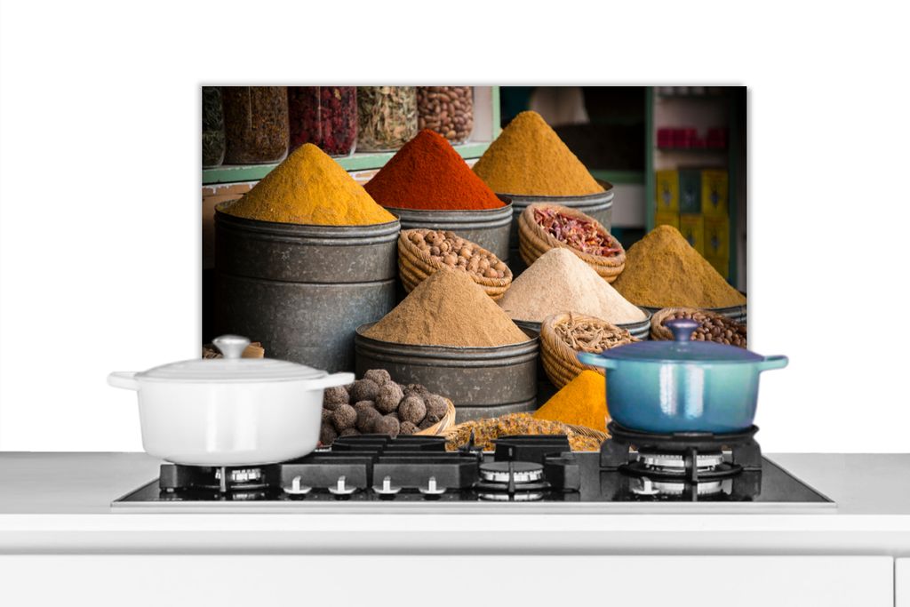 KitchenYeah Spritzschutz Küche - Küchenrückwand - Wandschutz für Herd und Spüle - Kräuter - Ton - Gewürze - Gelb - Braun 70x50 - Alu-Dibon...
