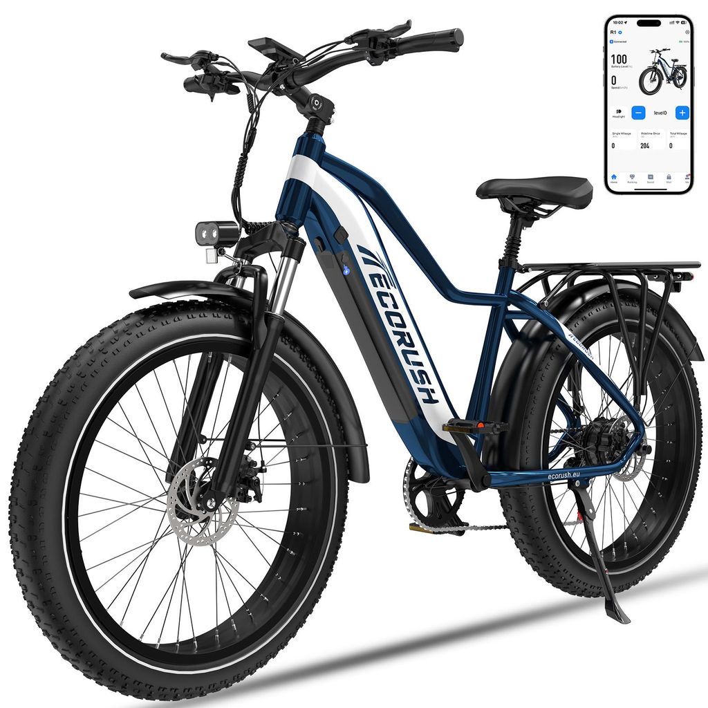 ECORUSH E Bike Herren, Ebike mit 48V 20Ah,Elektrofahrräder 26 * 4.0 Zoll,250W & 25km/h, E Mountainbike 7-Gang mit LCD-Display,Reichweite Max 150km