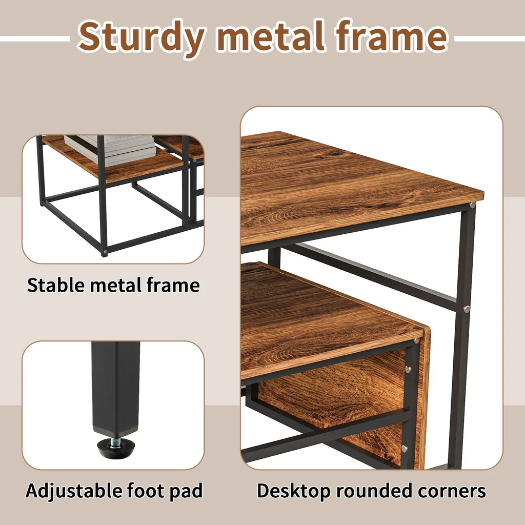 Set 2 Tavolini Quadrati in Legno Rustico con Base Nera Moderna - 6