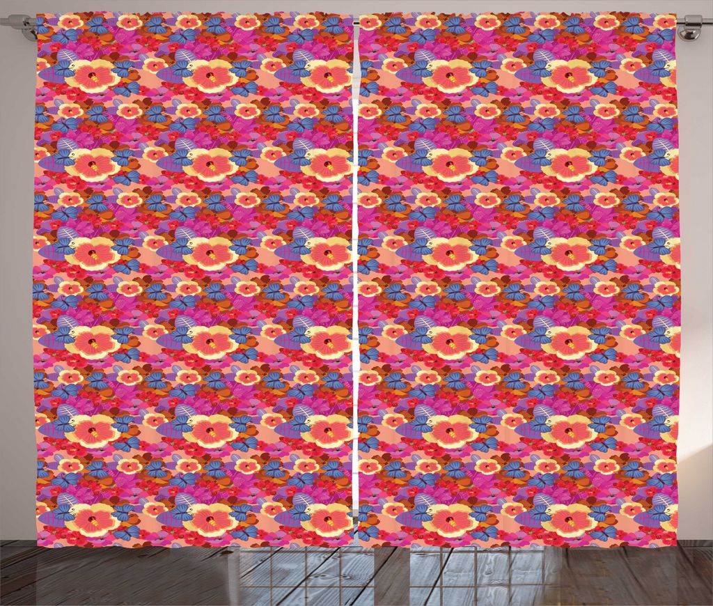 ABAKUHAUS hawaiisch Rustikaler Vorhang, Bunte Aloha Leben Motive, Wohnzimmer Universalband Gardinen mit Schlaufen und Haken, 280 x 225 cm, Mehrfarbig