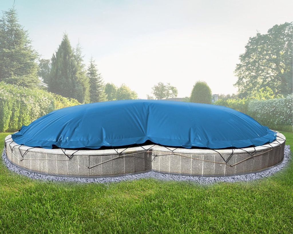 AirDeluxe Aufblasbare achtform Poolabdeckung (Blau RAL5015, 7,25m x 4,60m) MIT elektr. Luftpumpe, Poolplane aus LKW Plane 680 g/m² (1360g/m²) -...