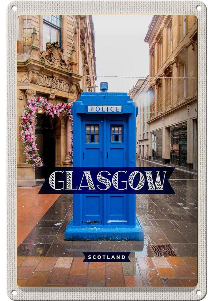 Blechschild Reise 20x30cm Glasgow Scotland Blaue Police Zelle