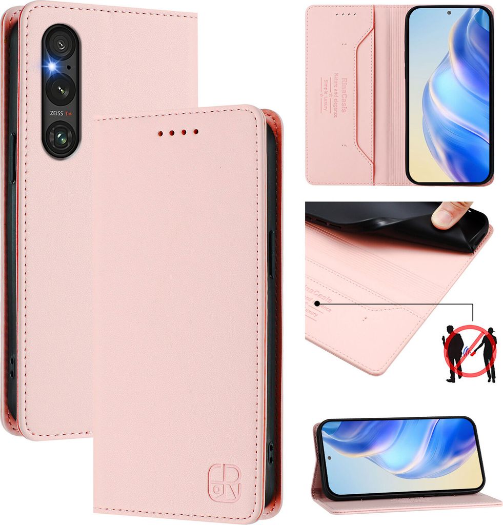 Lederhülle für Sony Xperia 1 V Hülle Flip Brieftasche Kartenfächern Ständer Schutzhülle Pink
