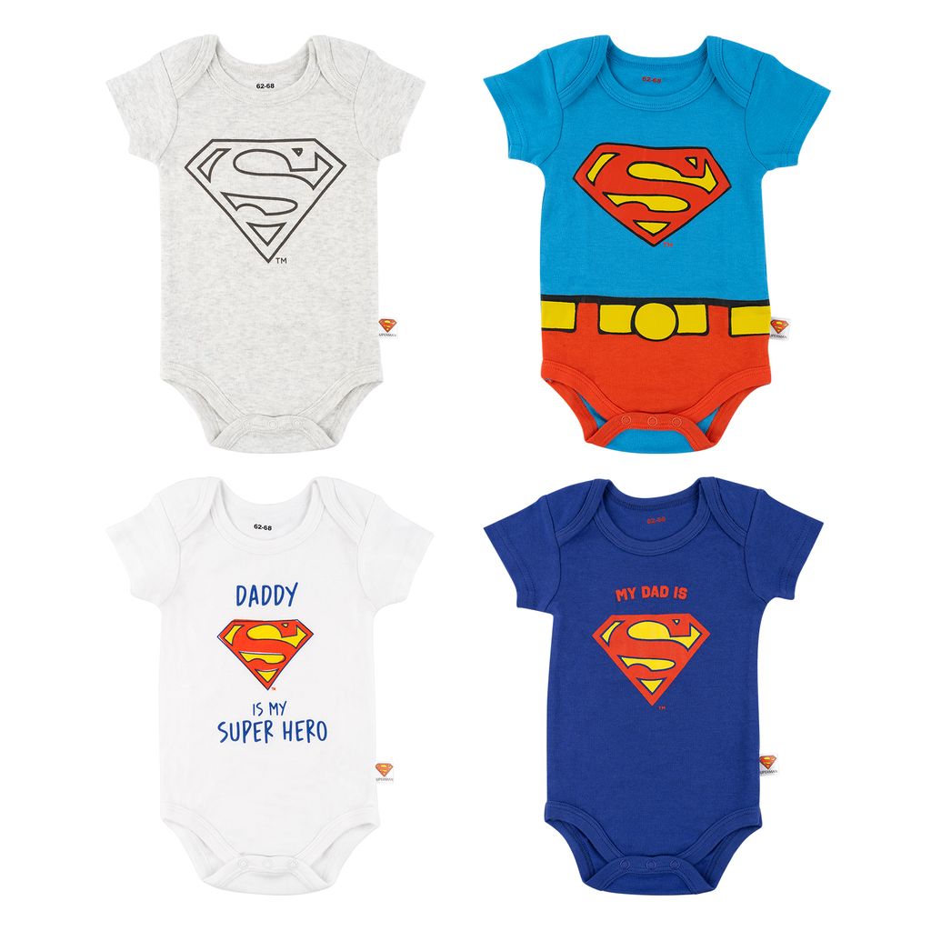 4 Paar Kinderbodys aus Baumwolle SUPERMAN Gr. 62-68 von SOXO Geschenk für Kinder, Geschenk für Babys, Geschenk zur Babyparty
