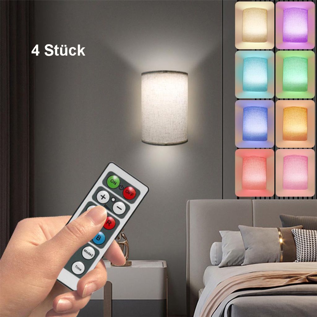 4 Stück LED Wandleuchte Innen RGB Aufladbar,Wandlampe mit Fernbedienung Dimmbar 3 Modi Kabellos für Schlafzimmer Flur Wohnzimmer Treppe