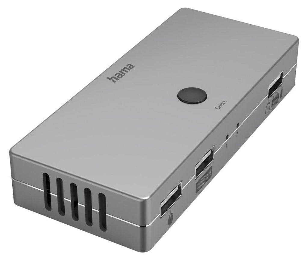 A product shot of a silver KVM switch on a light gray background.