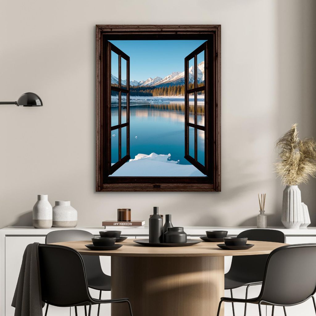 MuchoWow Wanddekoration Metall Metallbild Wandkunst 60x80 cm Durchblick - Winterlandschaft - See - Berge - Ausblicke MuchoWow Aluminium Gemälde - ...