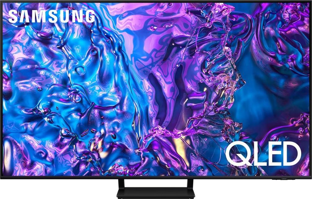 A Samsung QLED TV displaying a colorful abstract image.