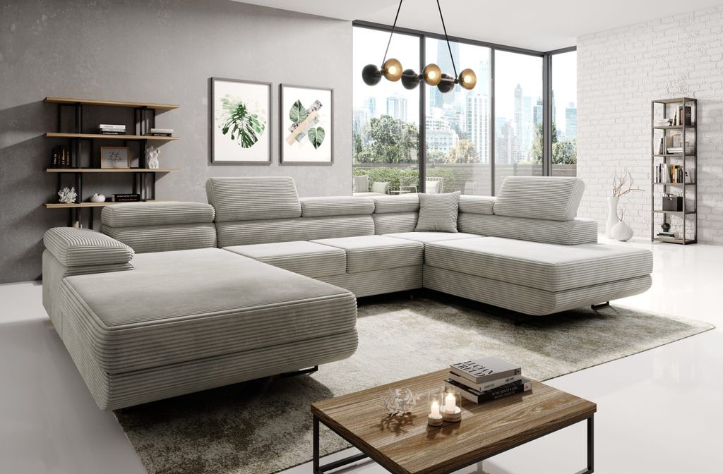 Easy4You Ecksofa Creme Astorp Kord U-Form – 345 cm - Schlafsofa mit Bettkasten und Schlaffunktion - Eckcouch mit Stauraum und Metallfüße – Re...