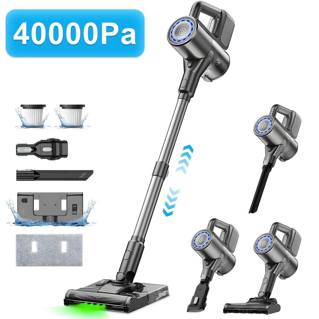 ZMH Akku Staubsauger Kabellos 500W/40000Pa mit Wischfunktion Handstaubsauger S7 Plus Akkusauger Freistehend für Hartböden Tierhaare Teppich