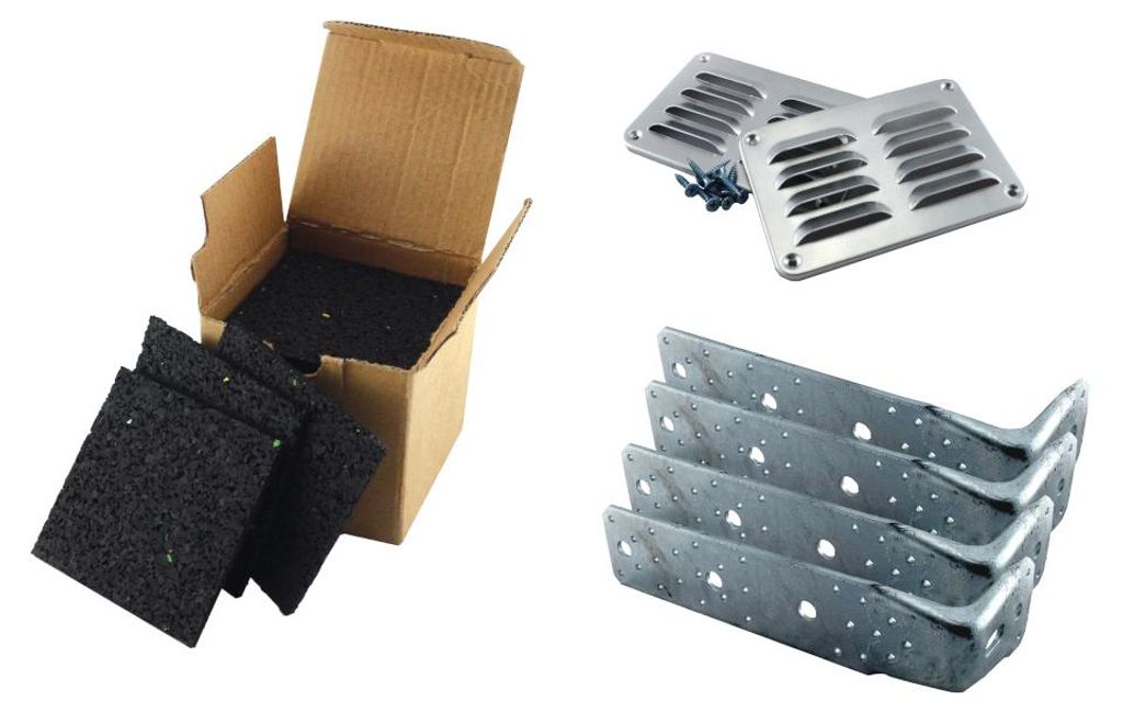 KARIBU Gartenhaus Zubehör Set, 20 Unterlegpads, 4 Sturmwinkel, 2 Lüftungsgitter, Montagezubehör für Karibu Gartenhäuser, Holzschutz, Belüftun...