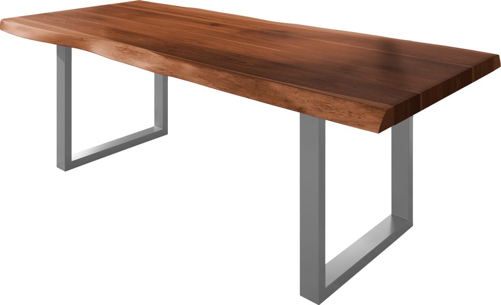Esstisch Baumkante massiv Akazie nussbaumfarben 240 x 120 U-Gestell Metall silber TITAN
