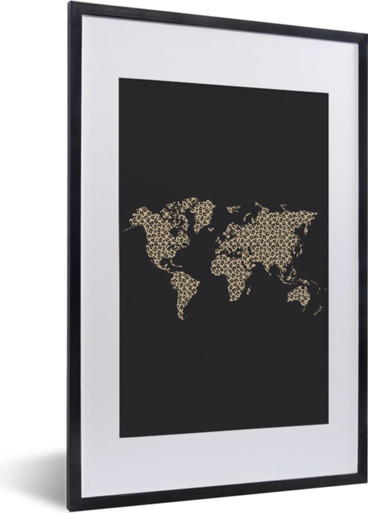 MuchoWow Gerahmtes Poster Weltkarte - Leopard - Tiere 40x60 cm - Poster mit Schwarzem Bilderrahmen Wandposter Rahmen Foto Bilder - Poster in Rahmen