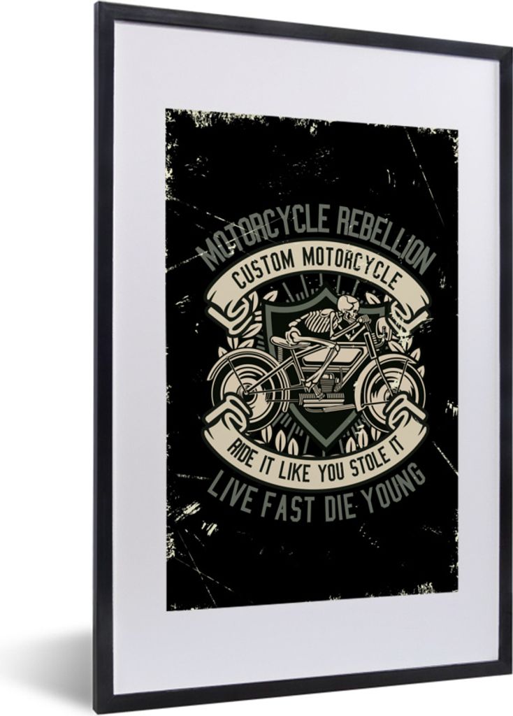 MuchoWow MuchoWow Gerahmtes Poster Motorrad - Skelett - Retro - Zitat 40x60 cm - Poster mit zchwarzem Bilderrahmen - Poster in Rahmen