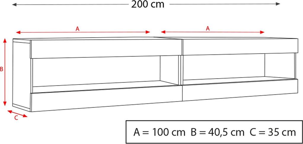 Komodee, Set, Möbel, Tivoli SET4, Wotan/Schwarz, Breite 200cm x Höhe 41cm x Tiefe 35cm, LED Blau, für Wohnzimmer, Schlafzimmer