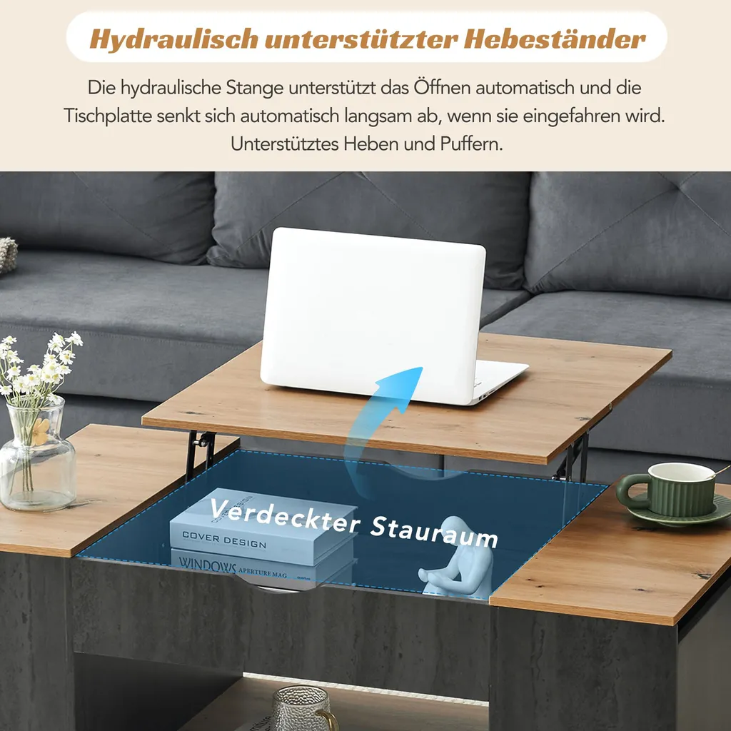 Table basse relevable 110 cm gris et bois marron avec coffre MDF - 13