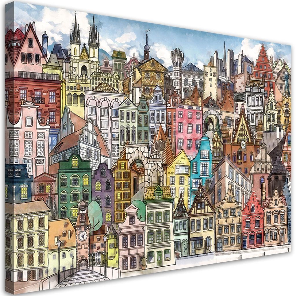 Leinwandbild fröhliche stadt 100x70 cm Feeby farbe wandbild bereit zum aufhängen