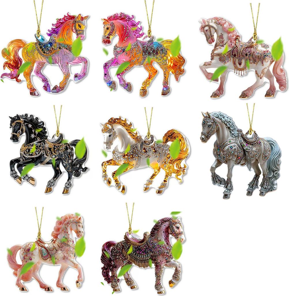 Pferde-Weihnachtsbaumschmuck, 2D-Acryl-Pferde-Hängeornament mit Glitzer-Strasssteinen, Geschenk für Frauen und Mädchen, Pferdeliebhaber