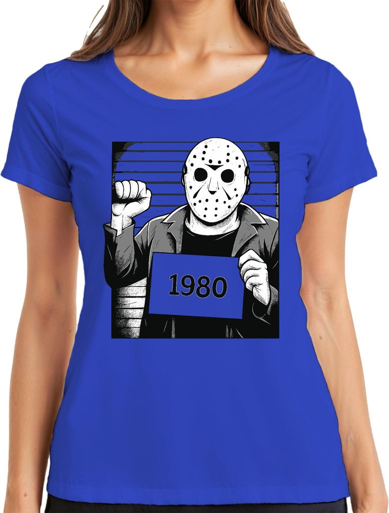Horror Hockeymaske 1980 Slasher Polizeifoto Retro Vintage Grunge Damen T-Shirt, Blau, XXL