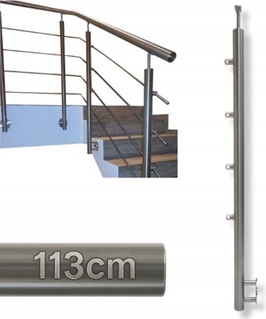 Geländerpfosten - Edelstahl - 113 x 4,24 cm - Durchgangspfosten - 4 Griffe - Winkelverstellung - Nach Innen und Außen - Seitliche Befestigung