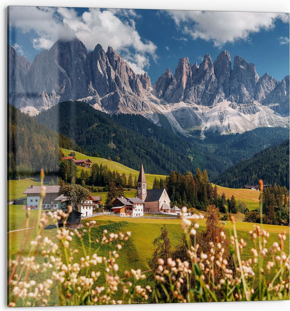 DEQORI Küchenrückwand Glas 60x60 cm 'Charmantes Dolomitental' Spritzschutz Bad Rückwand Küche