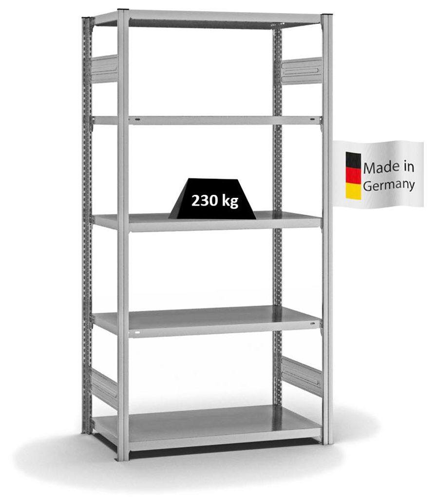 PROREGAL Fachbodenregal Stecksystem MAGNUS Germany | HxBxT 200x100x50cm | 5 Ebenen | Fachlast 230 kg | Beidseitig nutzbar | Verzinkt