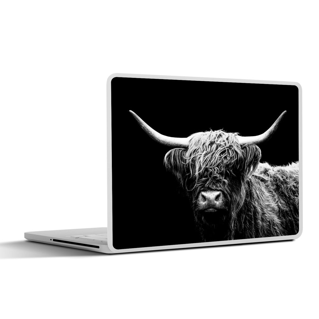 MuchoWow Laptop Aufkleber Sticker Cover Schottischer Highlander - Kuh - Schwarz - Weiß - Tiere 25x18 cm - Laptop-Deko