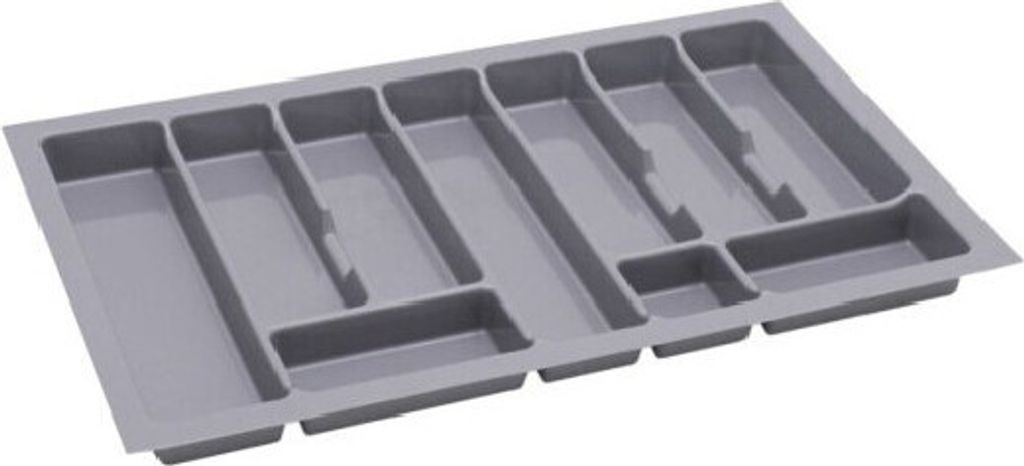 A gray plastic cutlery organizer with multiple compartments.