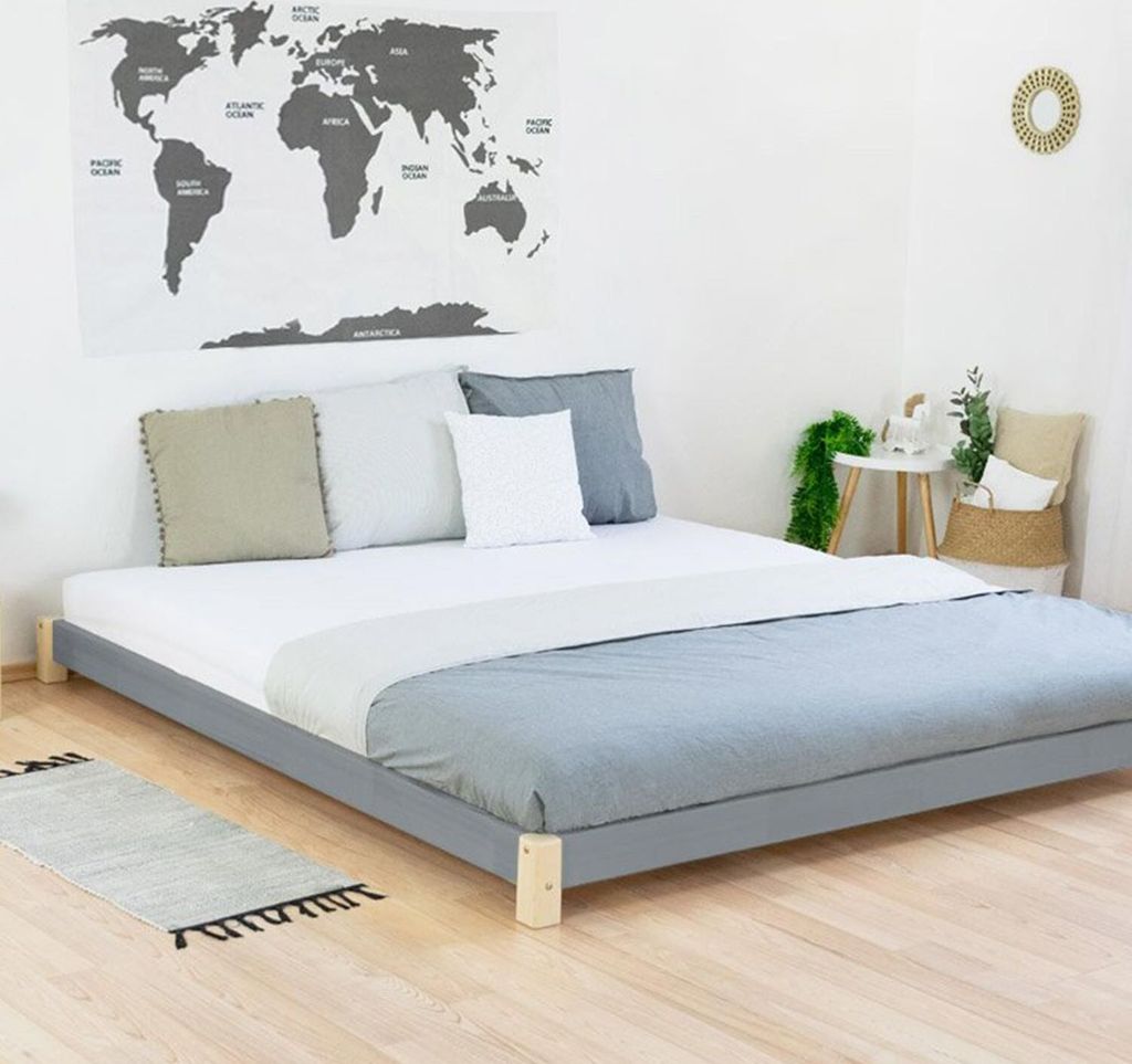 Wooden Double Bed in Japanese Style TATAMI - Natural decor - Grey - 180 x 200 cm