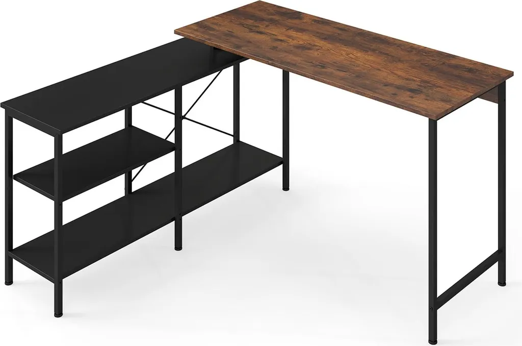 Bureau réversible en L marron rustique avec étagères de rangement - MOD1