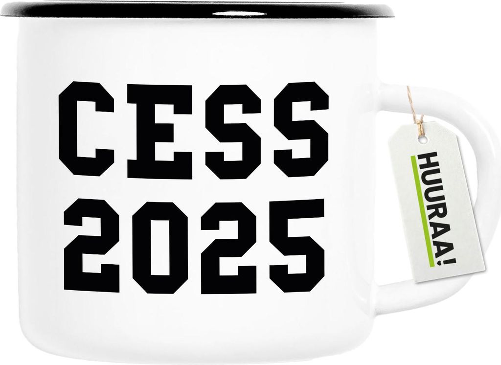 Huuraa Emaille Tasse CESS 2025 Abschluss Belgien (frz.) 300ml Vintage Campingbecher Geschenkidee