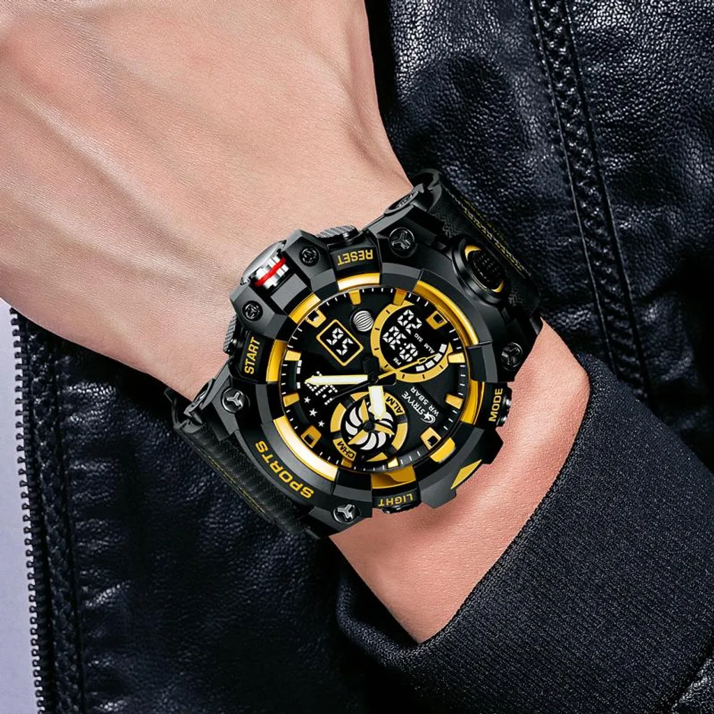 STRYVE HU-38684 Orologio Militare Nero Oro - Dual Time Impermeabile - 4
