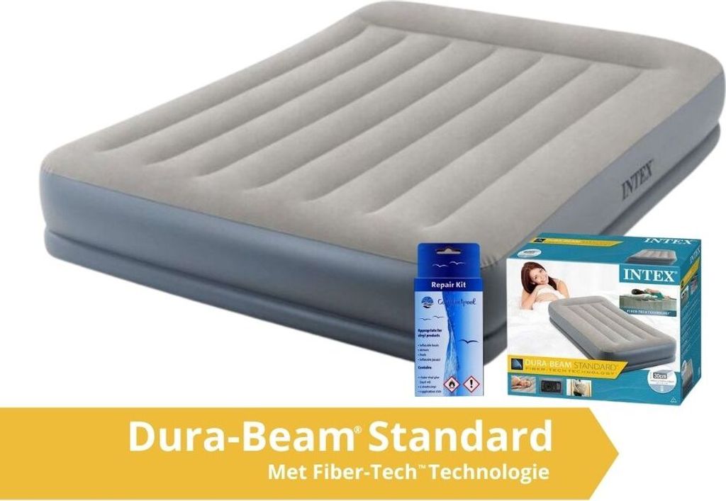 Intex Pillow Rest Mid-Rise - Luftmatratze - Doppelt - Mit Reparaturset und eingebaute Pumpe - 203x152x30 cm - PVC - Grau