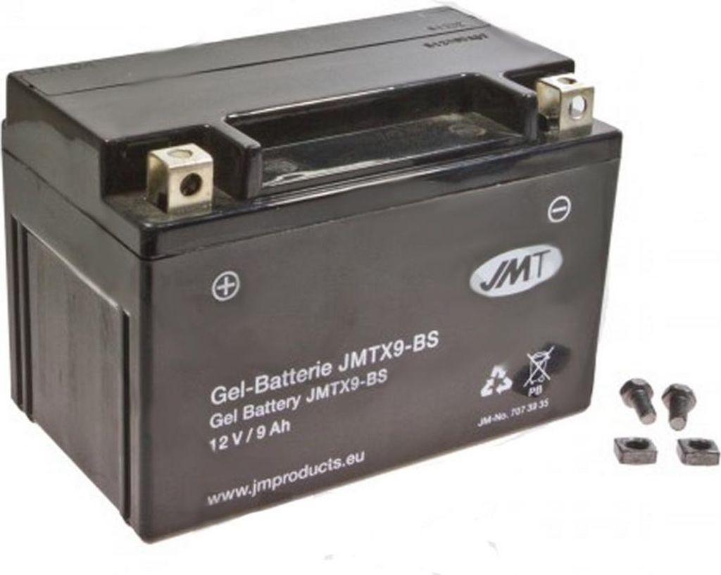 A black gel battery for a motorcycle or scooter, with some screws and nuts in the foreground.
