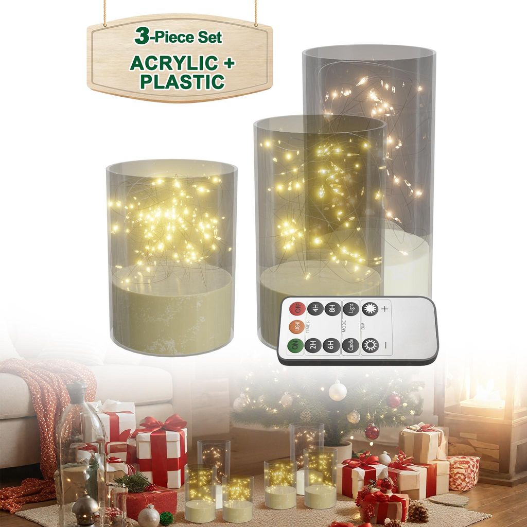 LZQ LED Kerzen 6er Set Transparent, Flammenlose Säulenkerzen Ø7,5 x 10/12,5/15 cm, Fernbedienung, Timer, Lichtdraht, Batteriebetrieben, Batterieb...
