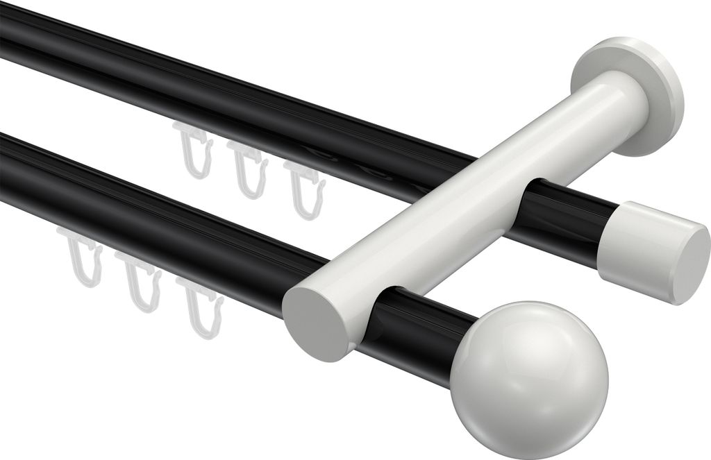 Interdeco Innenlaufstange / Gardinenstange mit Innenlauf Schwarz / Weiß, Typ Platon Luino (Kugel), 20 mm Ø 2-läufig, 240 cm