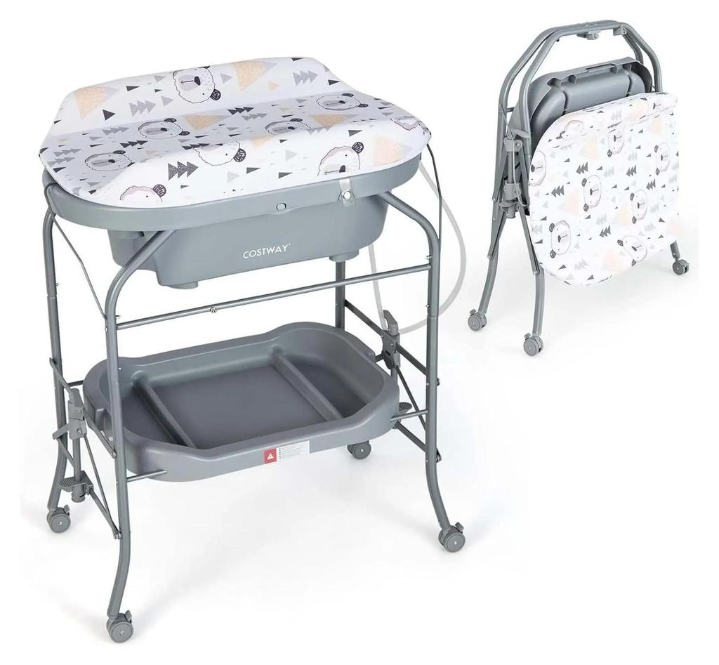 Baby-Wickeltisch - 4-in-1 - Mit Badewanne - Tragbar und klappbar - PVC-Wickelauflage und Ablaufschläuche - Grau
