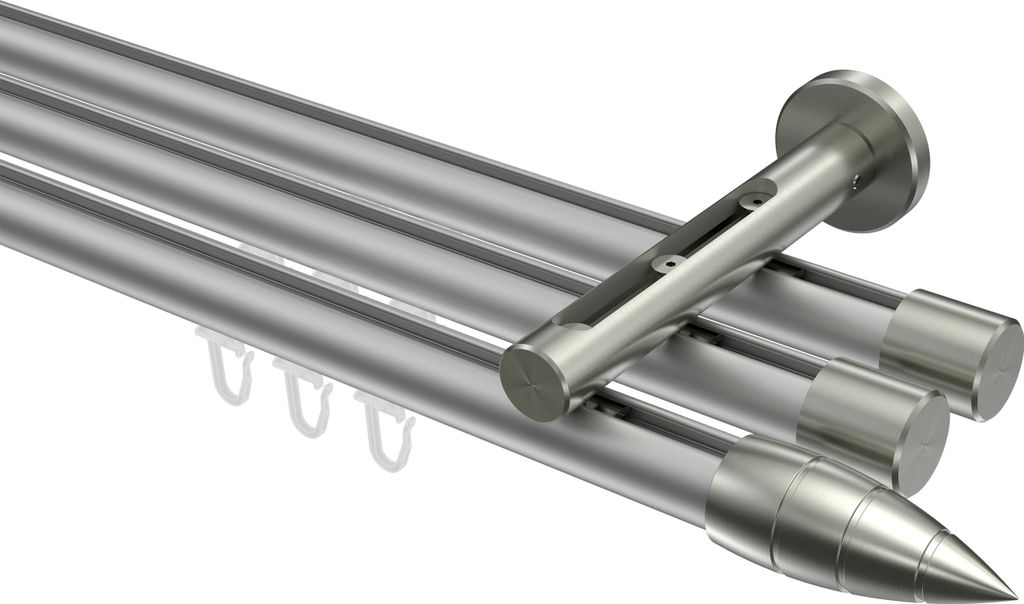 Interdeco Innenlaufstange / Gardinenstange mit Innenlauf Silbergrau / Edelstahl-Optik, Typ Siteno Samanto (Rillenpatrone), 20 mm Ø 3-läufig, 240 cm
