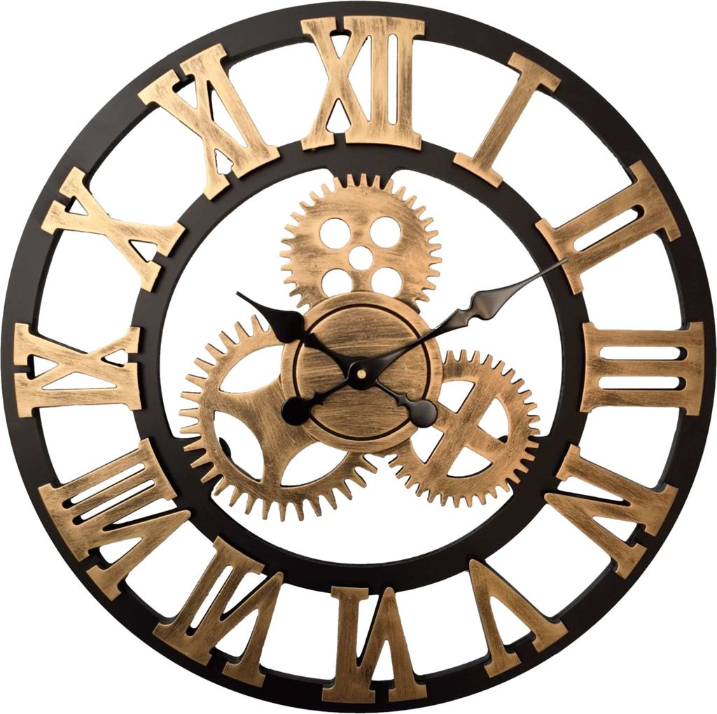 A close-up view of a large, decorative wall clock with Roman numerals and visible gears.