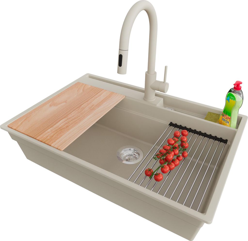 PRIMAGRAN Granitspüle Beige 78x53cm, Spülbecken 1 Becken + Ablauf-Set + Küchenzubehörset, Küchenspüle ab 80er Unterschrank - Oslo Pocket