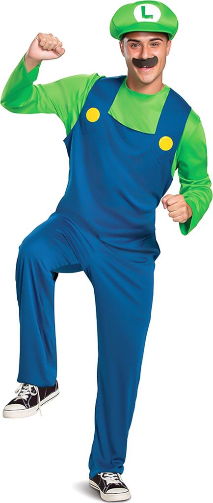A man dressed as Luigi from Super Mario Brothers poses for a product photo.