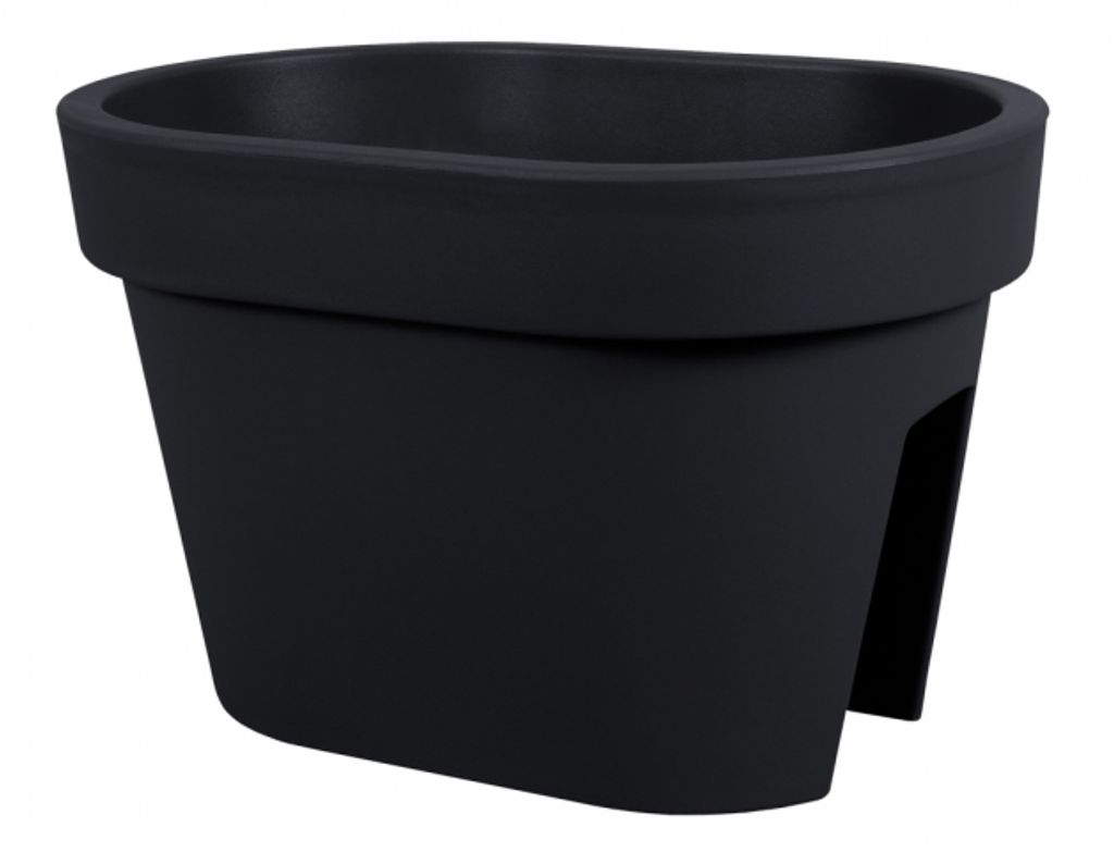 A black planter pot designed to hang on a railing.