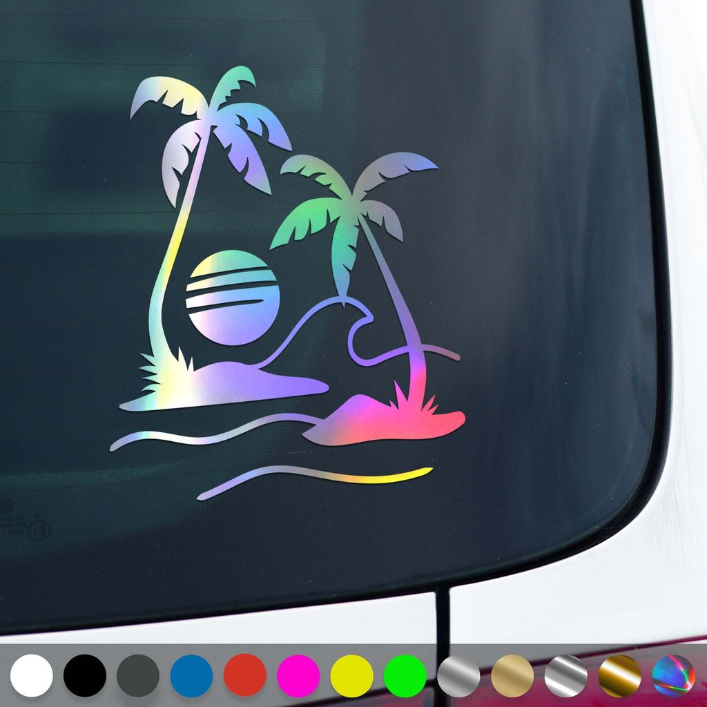PantherPixel Palmen Aufkleber Meer Camping Bus Reisen Sonne Strand Sticker Auto Geschenkidee Farbe Oilslick-Hologramm