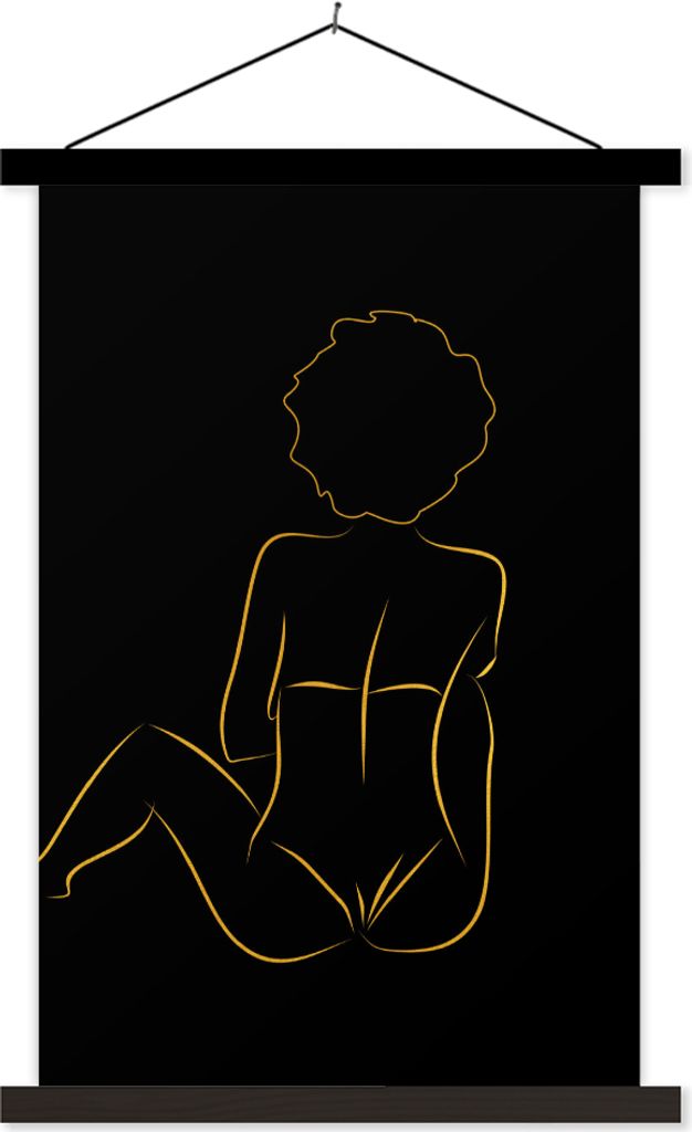 MuchoWow Textilposter Frau - Schwarz - Gold - Strichzeichnung 120x180 cm mit schwarzem Rahmen - Fotos