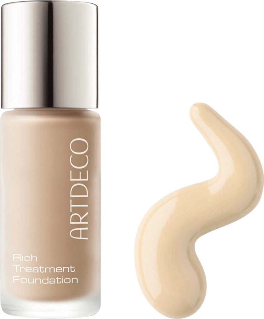A bottle of foundation and a swatch of the product on a white background.