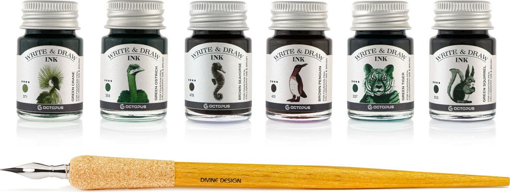 Write and Draw Ink Set FOREST, Zeichentusche, 6 x 10 ml mit Schreibfeder