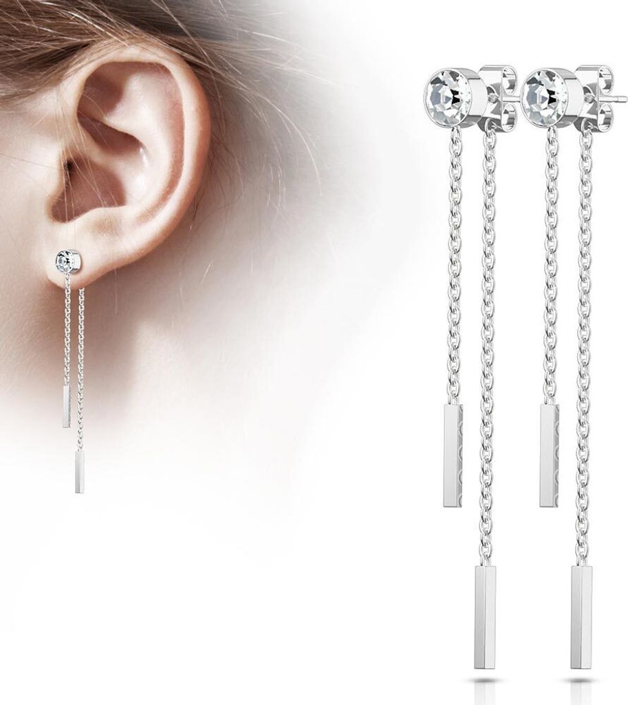 Ohrstecker mit Kette: Edelstahl Ohrringe mit Zirkonia Kristall Silber